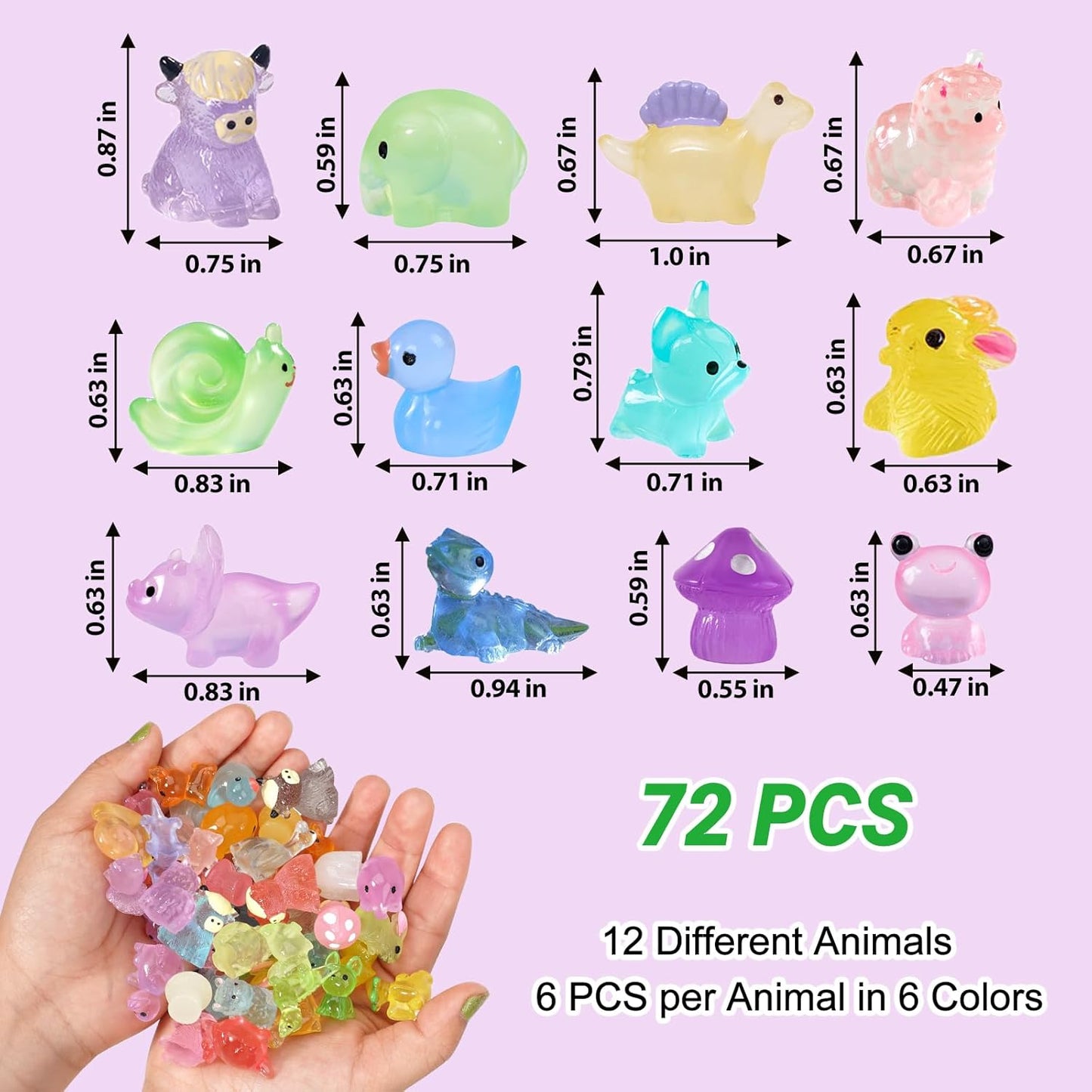 Mini Resin Animals Figures to Hide, 72 PCS Tiny Animal Figurines Small Plastic Animals Variety Pack Luminous Glow in The Dark, Little Ducks Miniature Dinosaurs for Fairy Garden Aquarium Decor