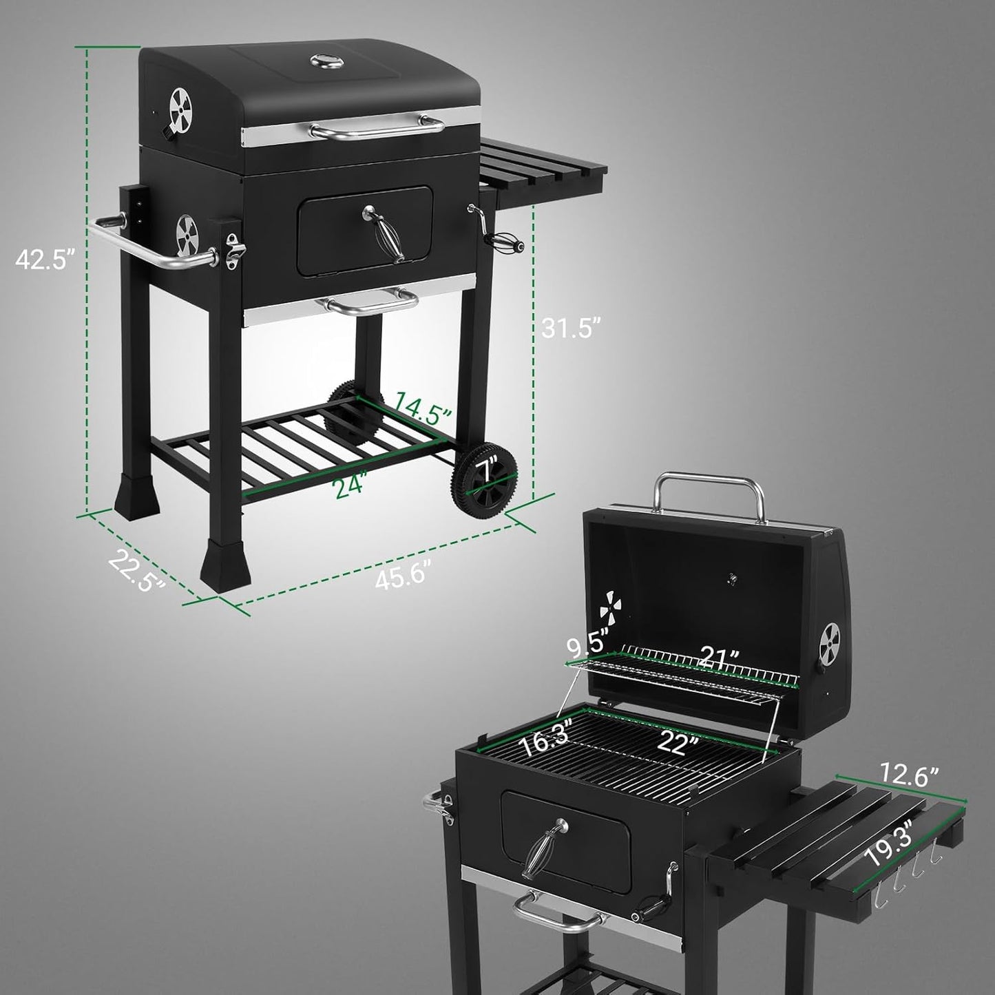 Outvita Large Barrel Charcoal BBQ Grills with 794 SQ.IN. Cooking Area, Outdoor Barbecue Grill with Adjustable Charcoal Tray & Foldable Side Table for Backyard Patio Picnic