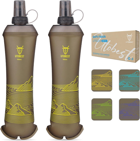 UTOBEST 500ml Soft Flask, 2 Pack Flexible TPU Hydration Water Bottle, Collapsible with 28mm Caliber for Running, Hiking, Cycling, Climbing, and Marathon Yellow