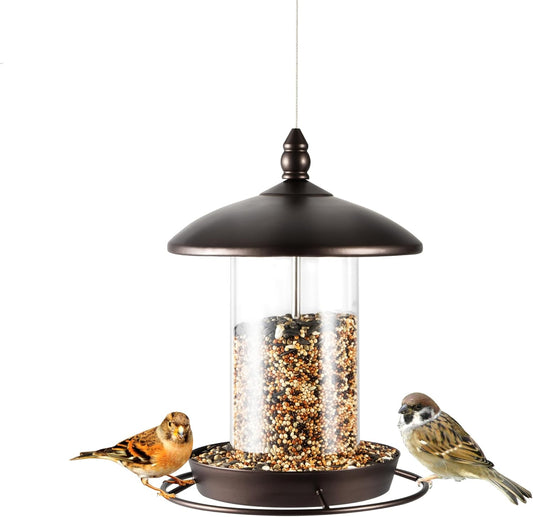 Metal Bird Feeder for Outside Hanging,Wild Bird Feeders for Cardinal, Large Roof and Tray - 6 Port