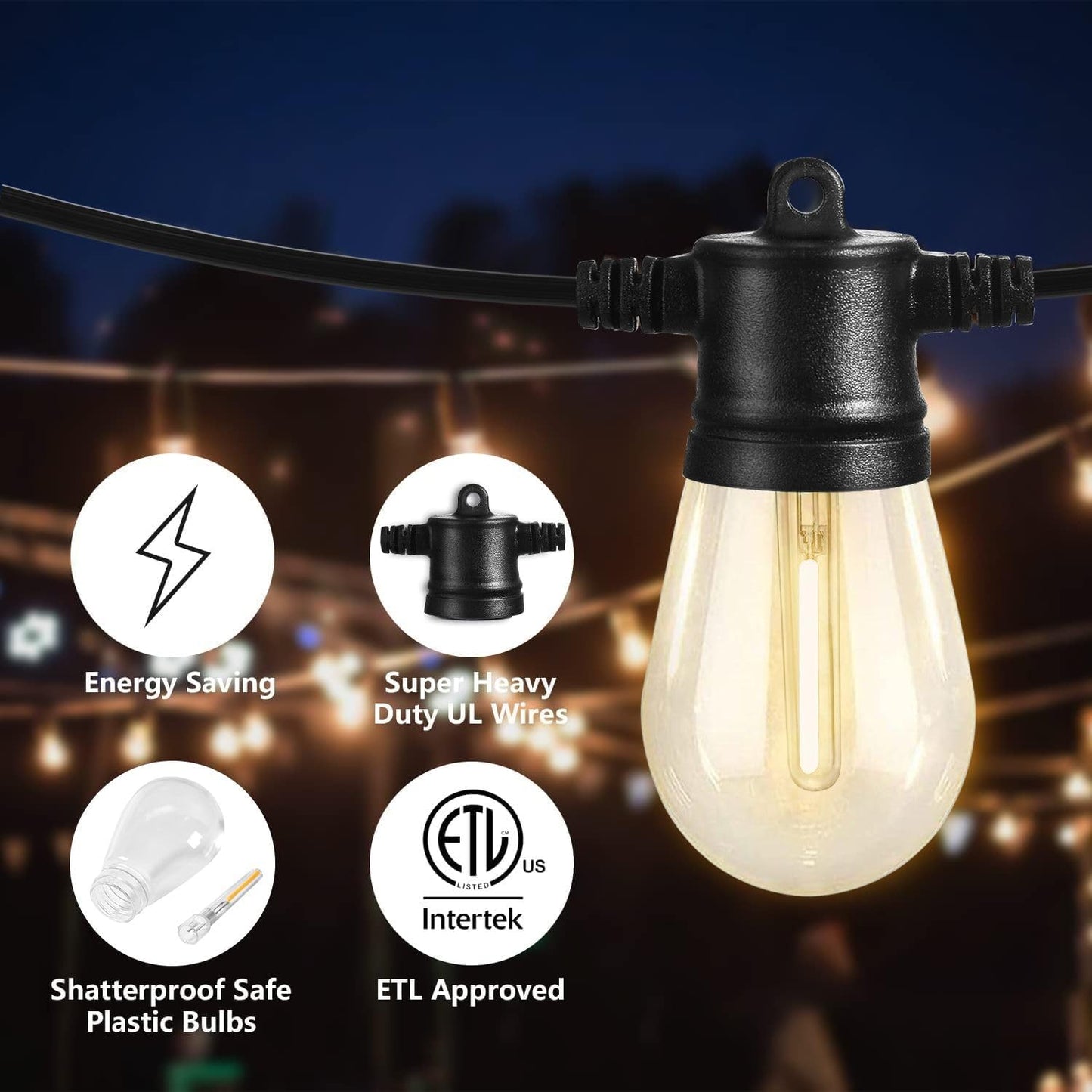 SUNTHIN Outdoor String Lights, 144ft(3 Pack 48ft) Patio Lights with LED Shatterproof Bulbs, Hanging for Outside, Garden, Backyard, Deck, Porch, Bistro, Pool, Party