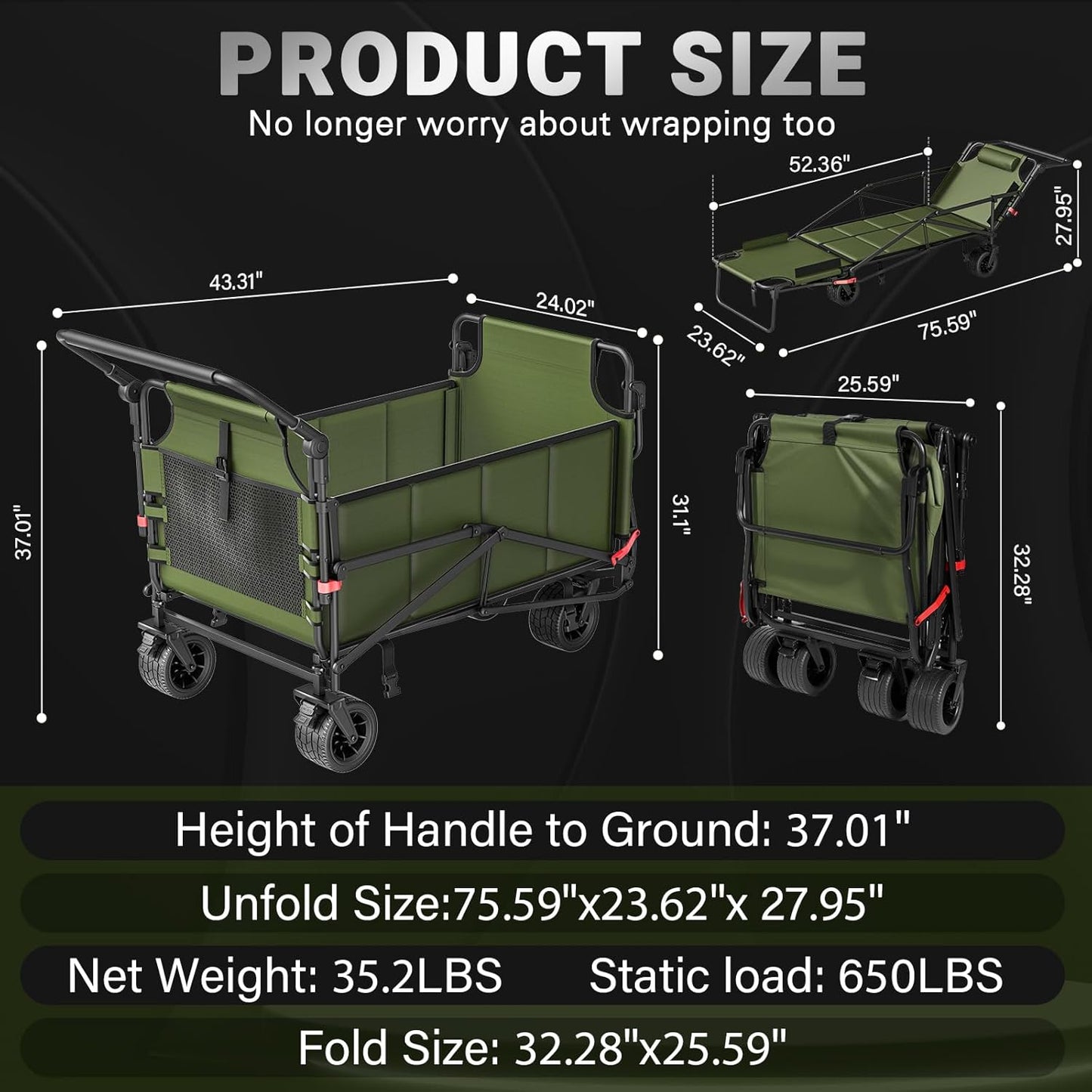 LEVELEVE Heavy Duty Folding Wagon - 2-in-1 Collapsible Cart, 650lb Capacity, All-Terrain Wheels w/Brakes & Side Pockets (Army Green)