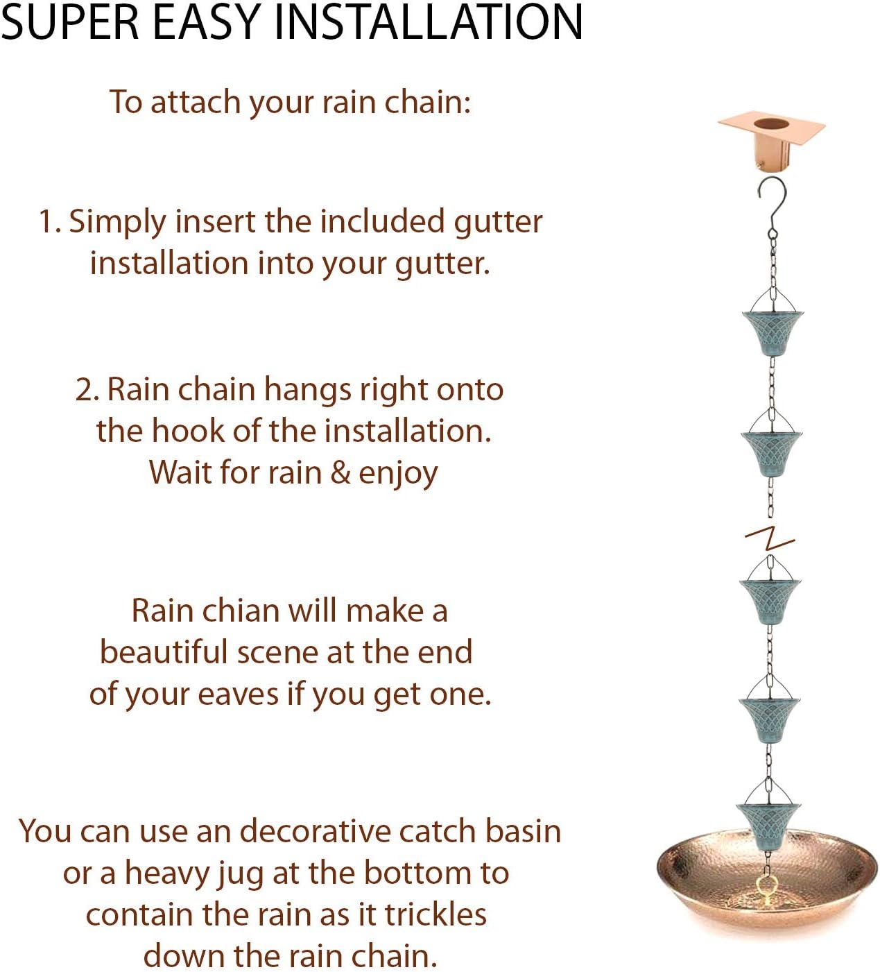 8.5FT Bell Iron Rain Chains for Gutter and Rain Barrel, Rust-Resistant Plated Garden Décor for Downspout, Bonus Rain Chain Gutter Adapter (Antique-Blue)