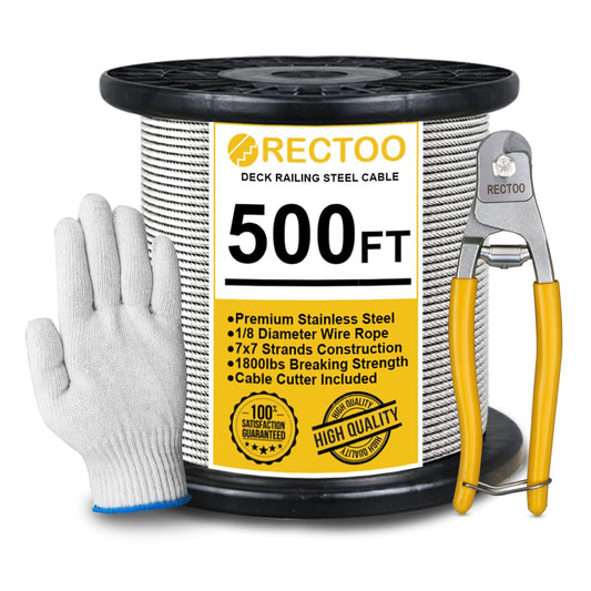 500FT 1/8" T316 Stainless Steel Cable with Cutter, 7x7 Strands Aircraft Wire Rope for Deck Railing, Stair Handrail, Porch Fence, High Strength for Indoor and Outdoor Use