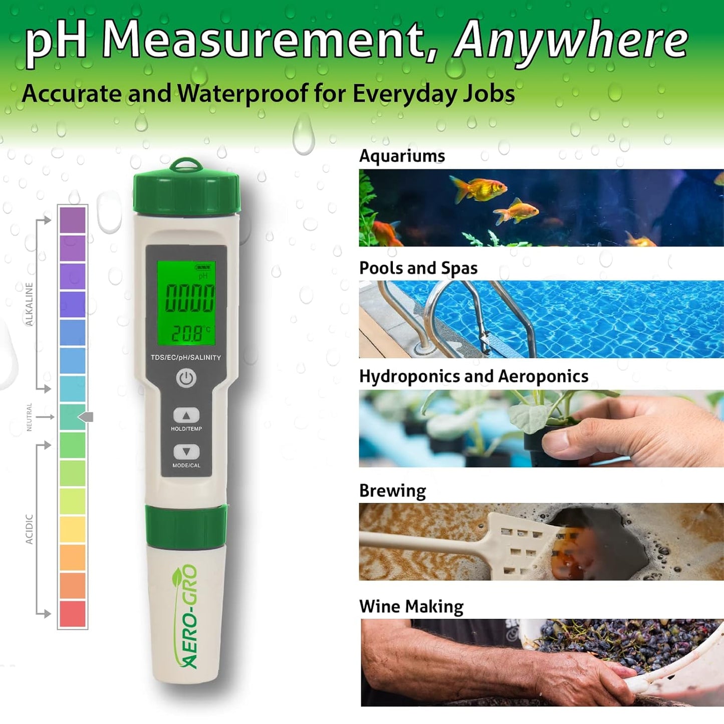 Digital 5-in-1 Meter: 5 Functions: pH, TDS, EC, Salinity%, Salinity ppm, and Temp, IP67 Waterproof, Pen-Type Tester for Hydroponics, Water, Wine, Spas, Aquariums