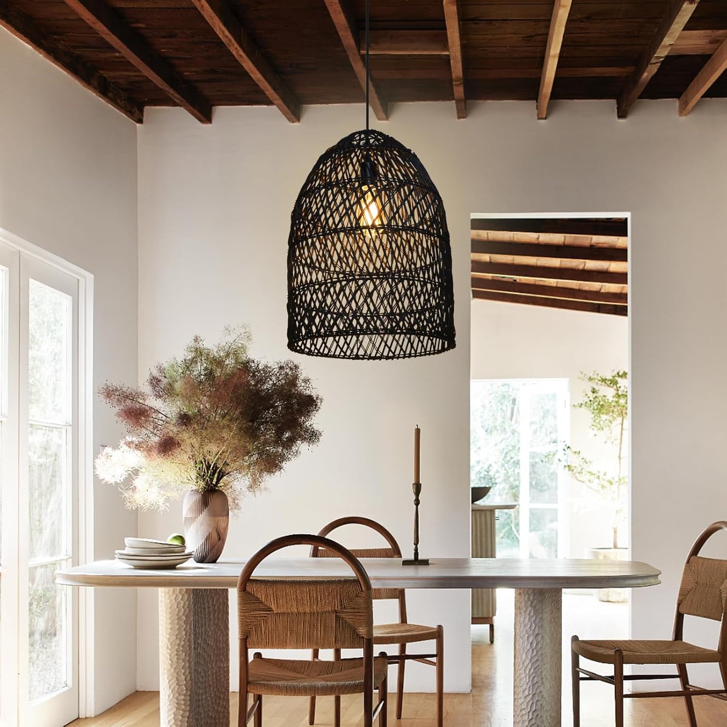 Arturesthome 1 Light Rustic Rattan Basket Pendant Light Boho Wicker Chandelier Coastal Handmade Crafts Lampshade, Farmhouse Hanging Ceiling Lighting for Dining Kitchen Island Black 13.75in*19.68in