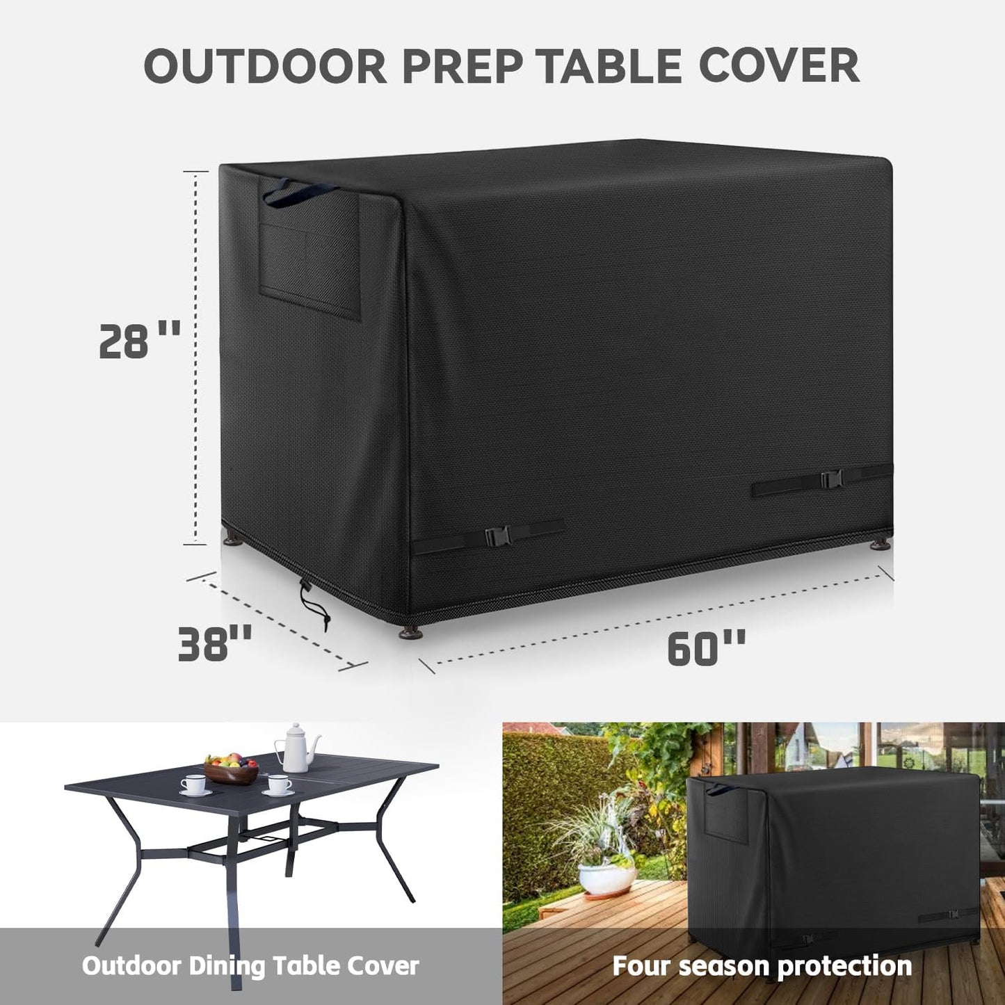 Outdoor Dining Table Cover - Heavy Duty Waterproof Cover for Patio Metal Steel Slat Table, Compatible 60" x 38" Black