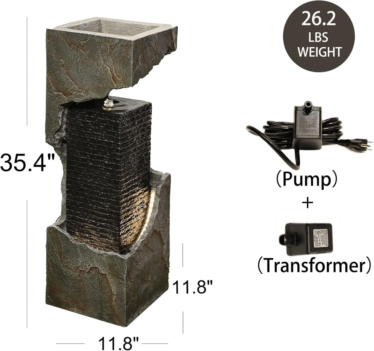 Water Fountain Outdoor Garden 35.4" H Modern Outdoor Fountains and Waterfalls with Lights Flooring Standing Indoor Water Fountains for Garden, Patio, Deck, Backyard, Porch and Home Art Decor