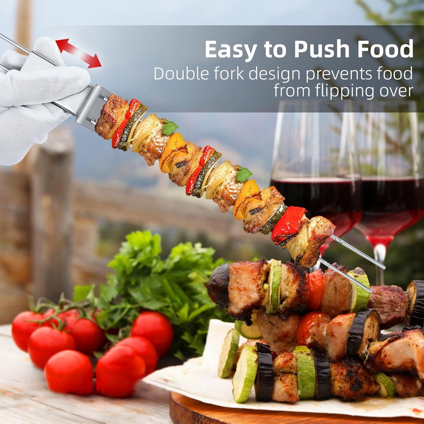 Metal Skewers for Kabobs - 17" 10 Pack Kabob Skewers with Push Bar Double Pronged Anti-Roll Flat BBQ Skewer for Grilling Stainless Steel Reusable Kebab Skewer for Meat Shrimp Chicken Veggie