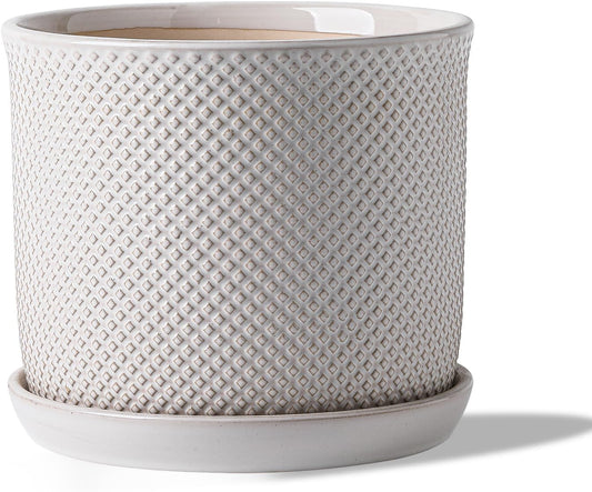 8 Inch Plant Pot: Ceramic Planter with Drainage Hole & Saucer Indoor Outdoor Plants - Flowerpot with Bonded Tray for Home Office - Beaded Embossed Style, Cream White
