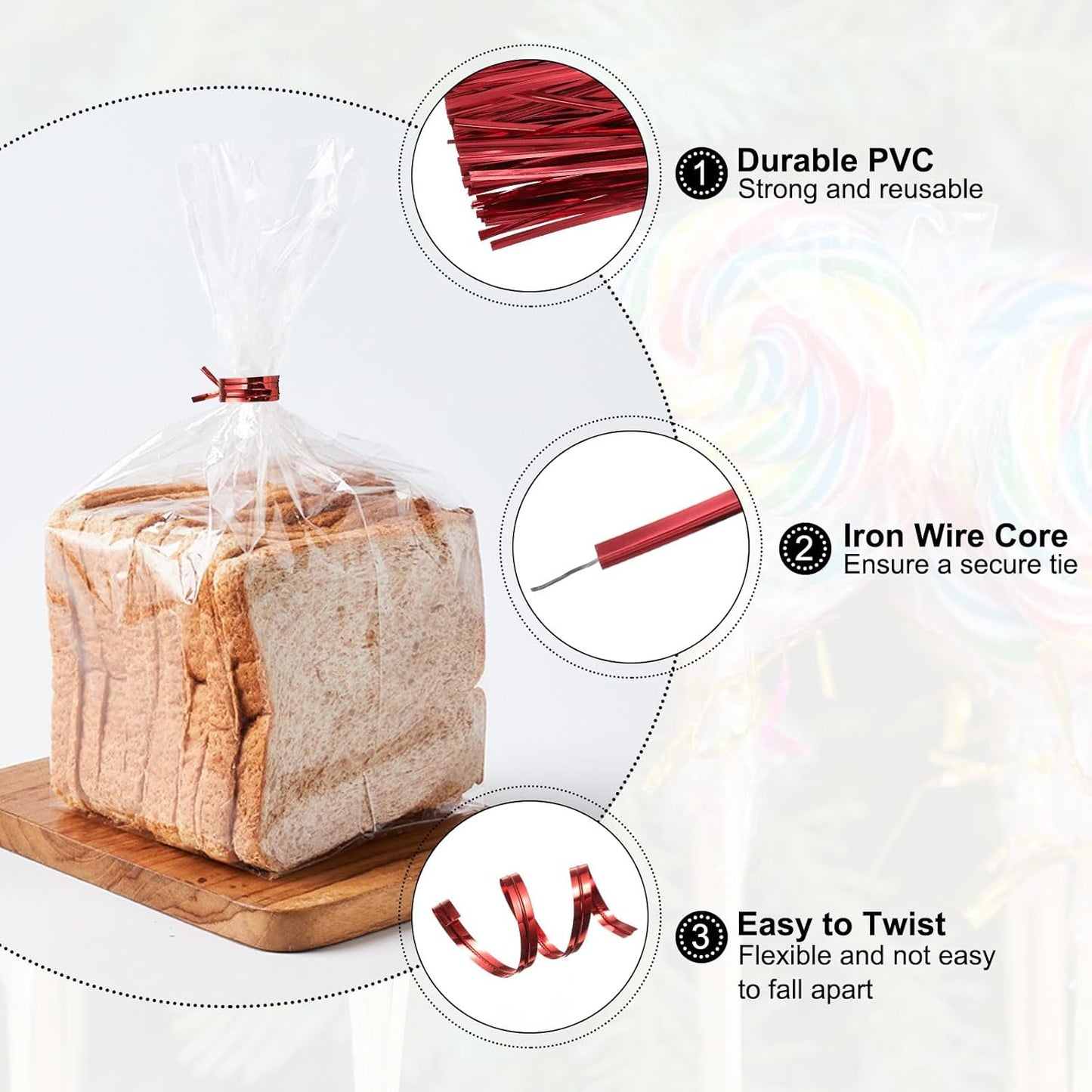 HARFINGTON 800pcs Bag Twist Ties 4" Reusable Plastic Metallic Twist Ties Wire Cable Ties for Party Bread Candy Cake, Red