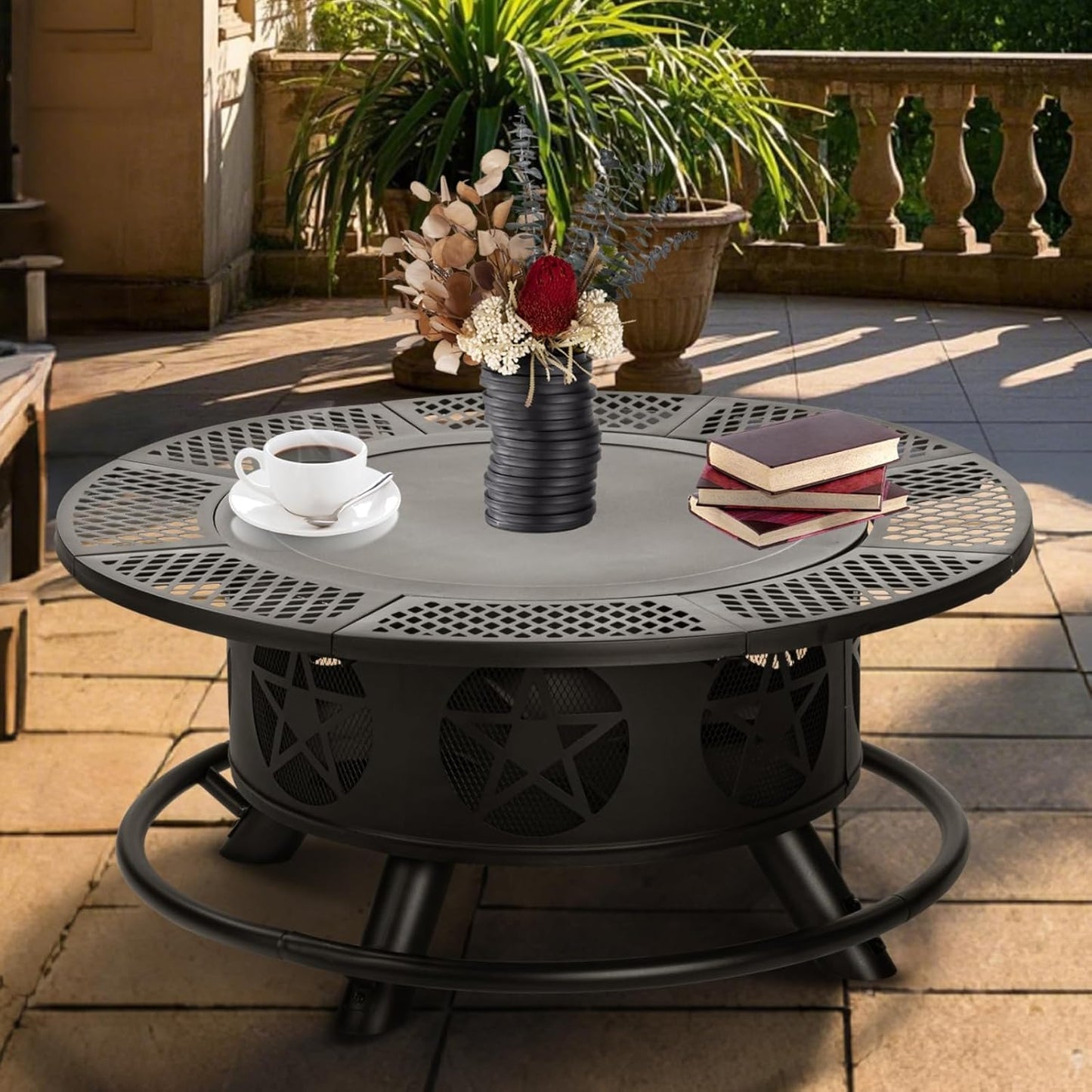 42 Inch Fire Pit with 2 Grills, Extra Large Wood Burning Fire Pits for Outside with Lid & Poker, Heavy Duty Firepit,BBQ& Outdoor Fire Pit & Round Metal Table 3 in 1 for Patio, Picnic, Party