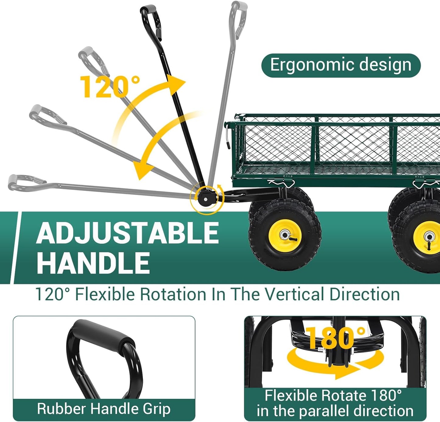 Heavy Duty Steel Garden Cart, 880LBS Pullable Metal Garden Wagon with 10" Wheels, 180° Rotating Handle and Removable Sides for Outdoor, Farm, Yard, Beach ﻿