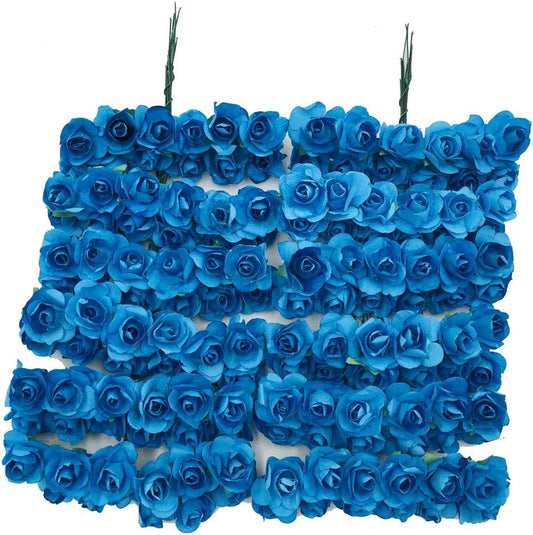 Mini Fake Rose Flower Heads 144pcs Mini Artificial Mulberry Paper Roses Flower with Wire Stem DIY Wedding Flowers Accessories Make Bridal Hair Clips Headbands Dress (Turquoise Blue)