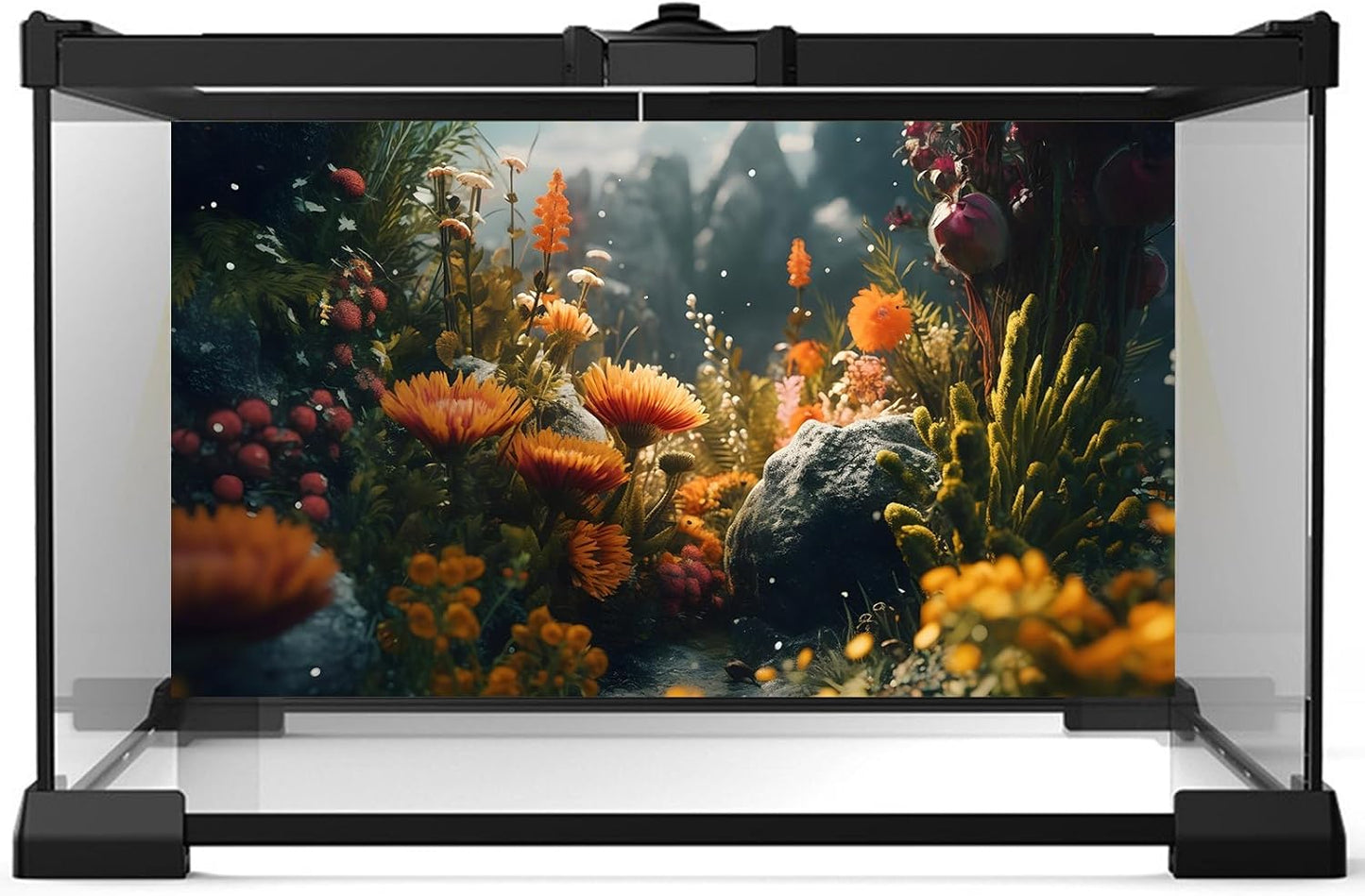 Foggy Stone Terrarium Background Green Seaweed Scenery Orange Floral Aquarium Background Durable Reptile Habitat Flower Background Mysterious Tank Backdrop Vinyl 72x16in