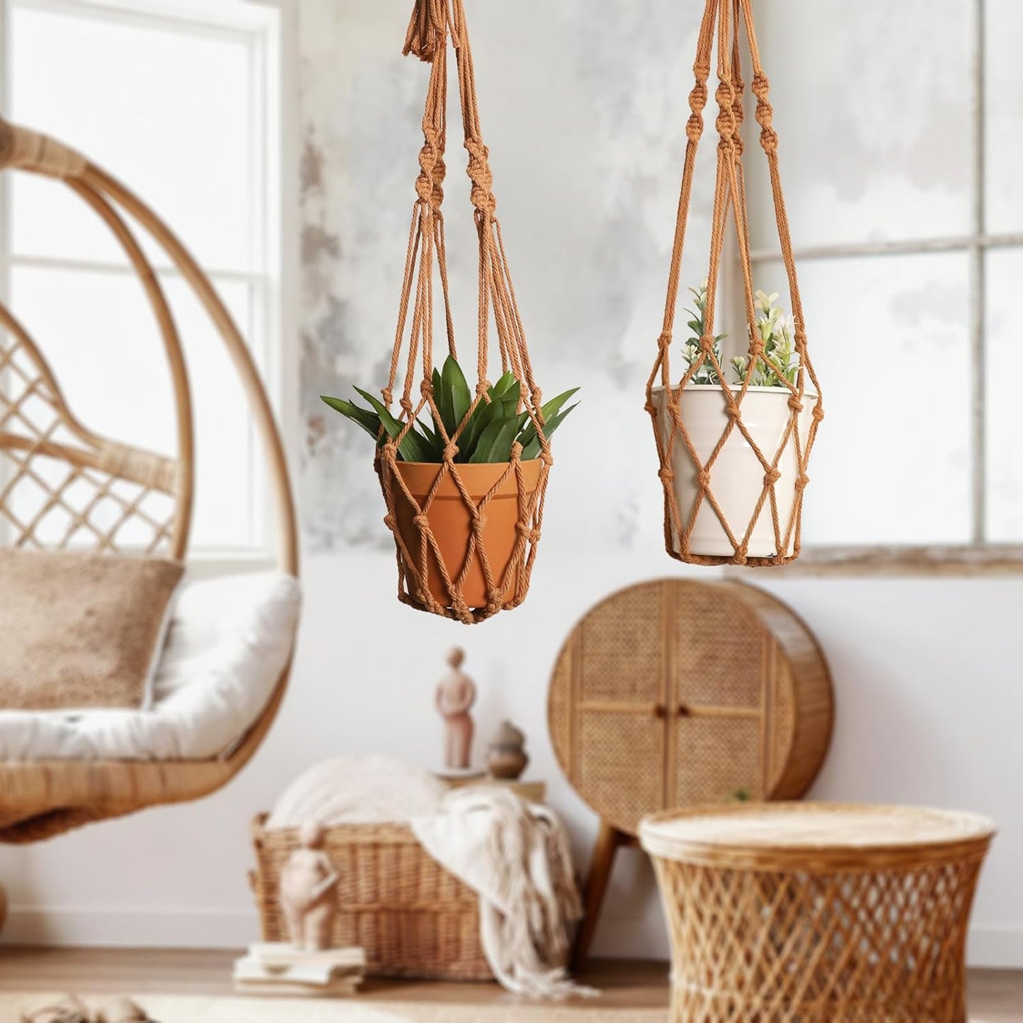 Artilady Macrame Hanging Planter for Indoor Plants, Boho Woven Plant Hanger Large Hanging Flower Pot Holders Outdoor Baskets Storage No Tassels Brown Wall Decor