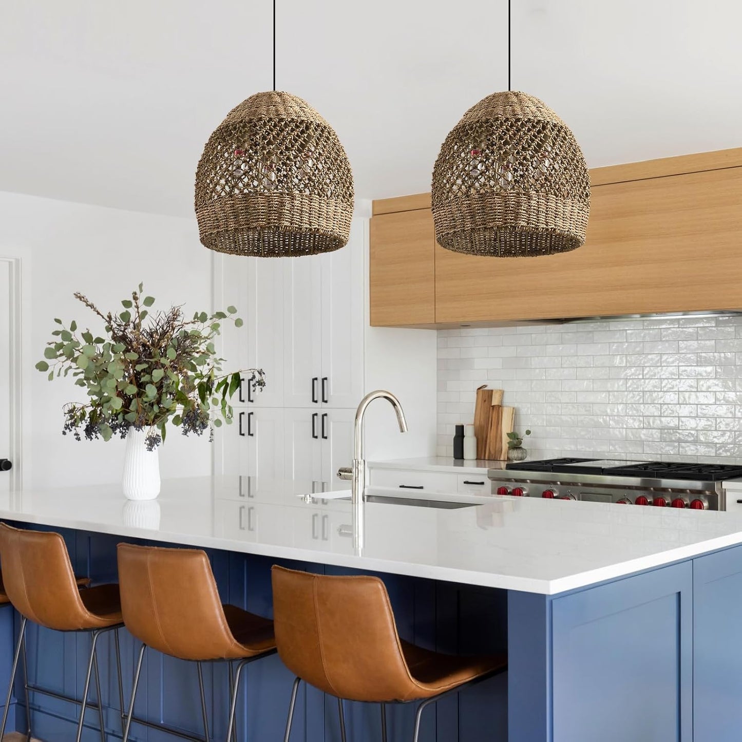 Rattan Pendant Fixtures, 13.39" Boho Wicker Chandelier,3-Light Hand-Woven Seagrass Ceiling Hanging Lights for Kitchen Islands, Dining Rooms, and Farmhouses.