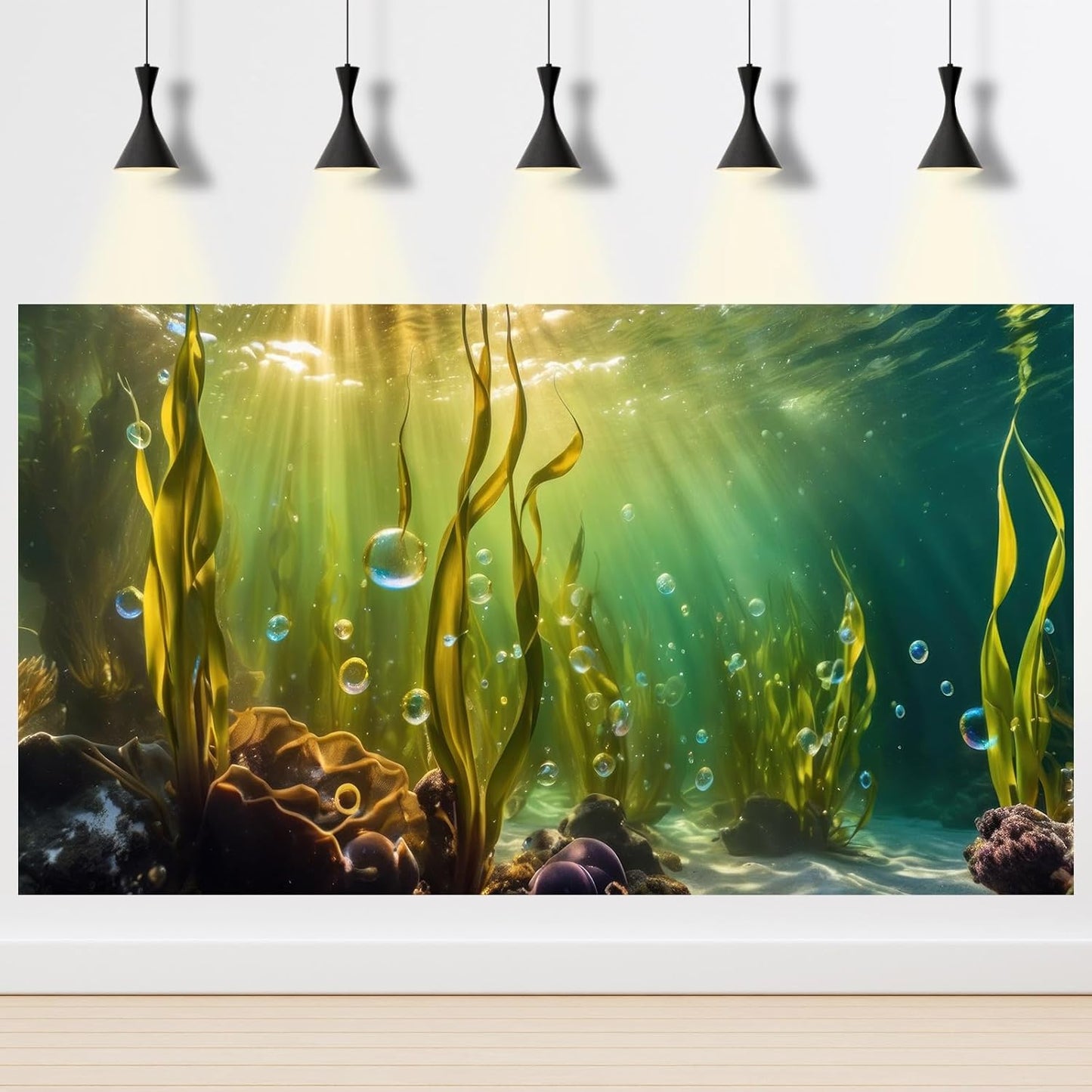 Aquarium Background Underwater Beautiful Coral Reef with Seaweed Bubbles Terrarium Backdrop Aquatic Plants Sunlight Rays Fish Tank Background Tank Aquarium Wallpaper Poster Decor Vinyl 30x18in
