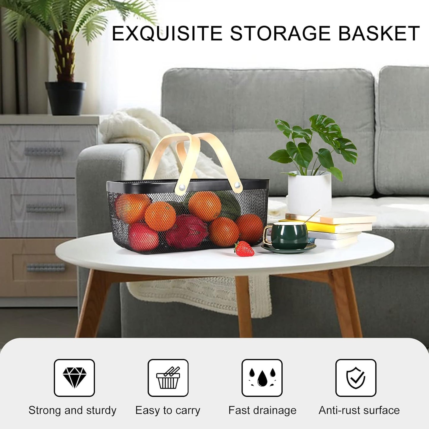 Garden Harvest Basket,Delicate Harvest Basket for Garden Vegetables,Practical Metal Mesh Wire Basket with Handle Suitable for Bathroom,Cabinet,Kitchen(Black)