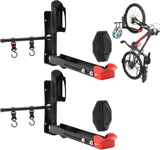 Bike Wall Mount Rack Adjustable & Foldable Garage Bike Rack with Swivel Design & 2 Storage Hooks, Fits 20"-29" Bikes, Holds Up to 77 lbs, Easy Install & Space-Saving Bike Storage 2 Pack