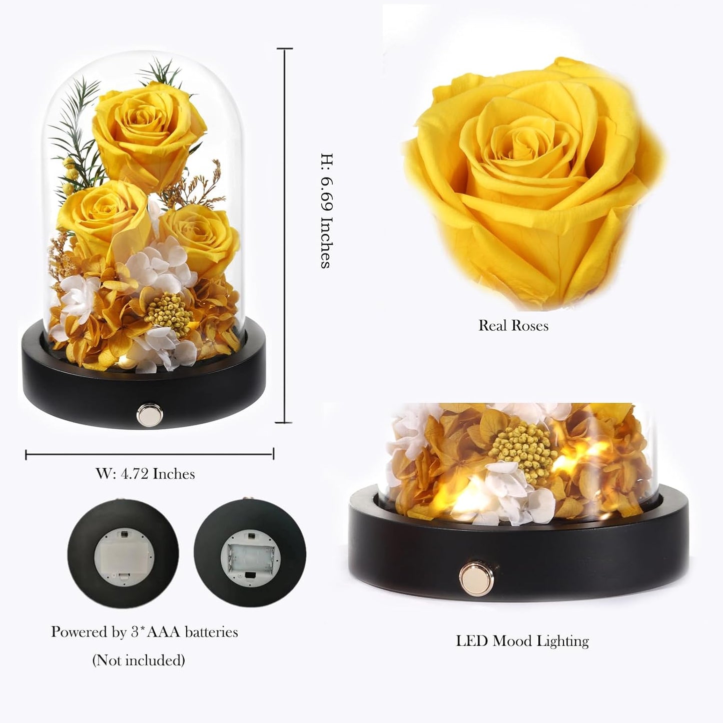 Flowers for Delivery, 3 Yellow Forever Roses in Glass Dome with LED, Preserved Real Rose, Valentines Day Anniversary Birthday Mothers Day Flower Gifts for Mom Her Women Wife Mother