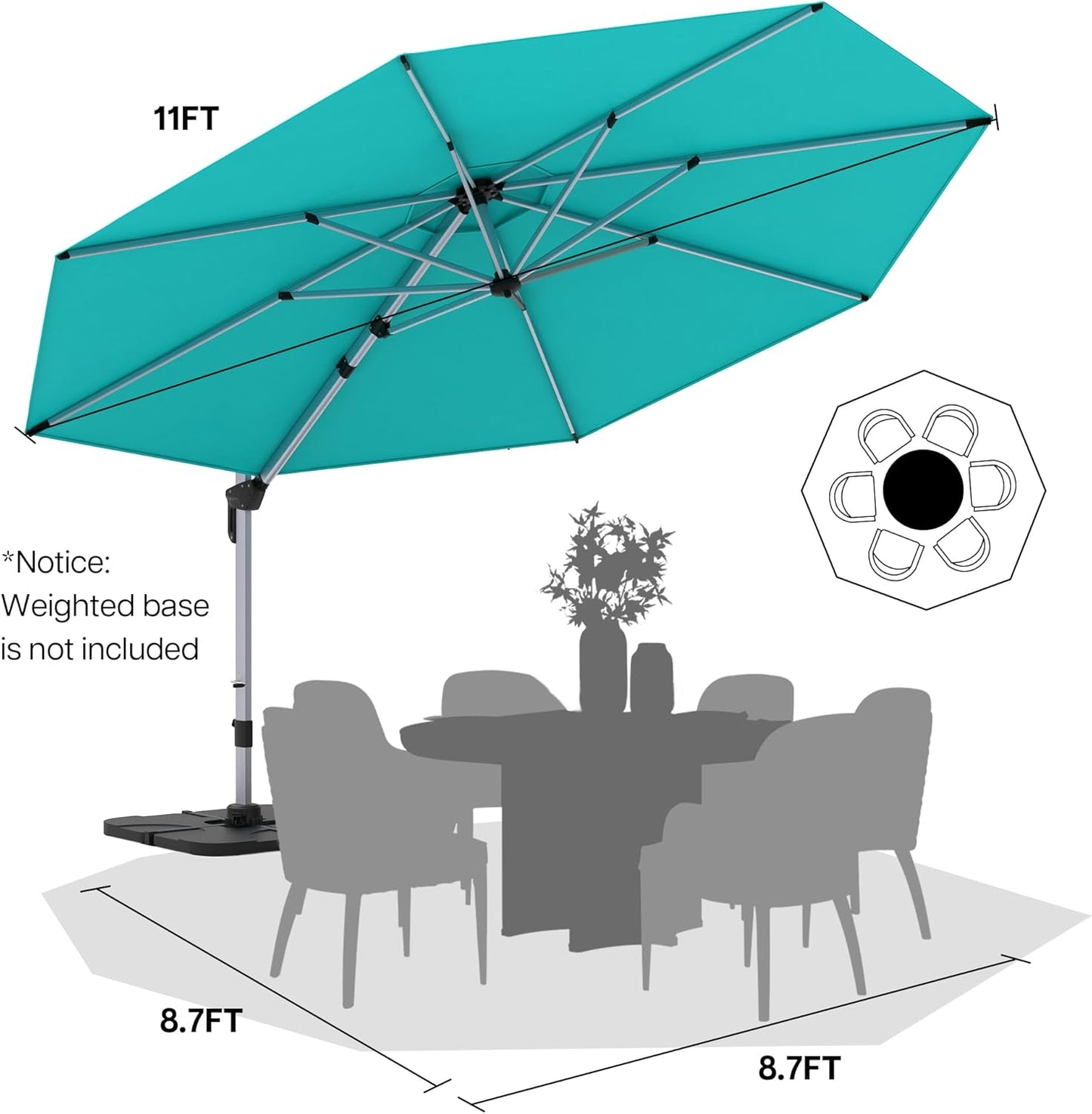 Patio Umbrella, 11FT Outdoor Cantilever Umbrella with 360-degree Rotation for Garden, Deck, Backyard, Pool and Beach, Turquiose