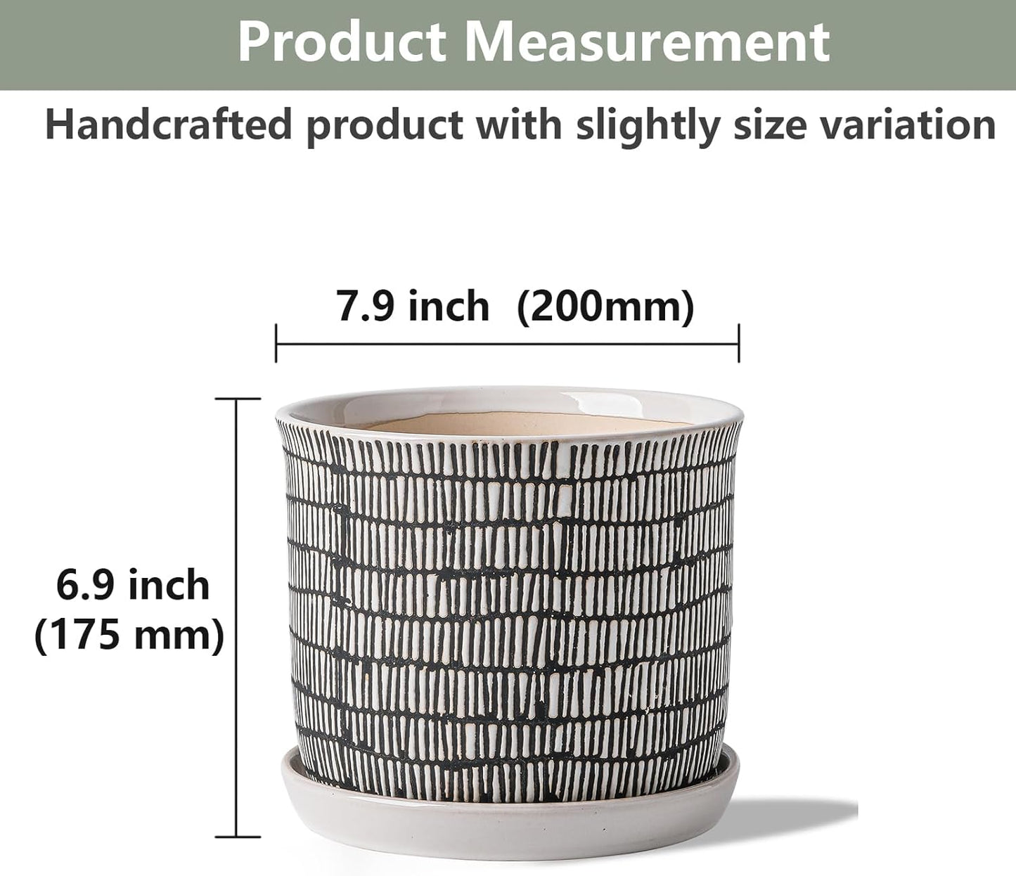 8 Inch Plant Pot: Ceramic Planter with Drainage Hole & Saucer for Indoor Outdoor Plants - Flowerpot with Bonded Tray for Home Office - Mixed Stripe Debossed