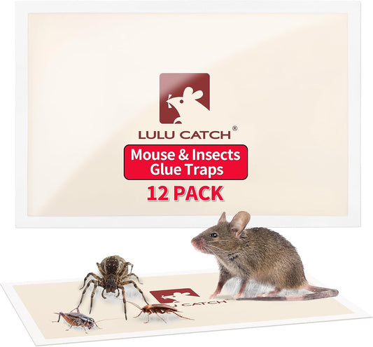 LULUCATCH Mouse Traps Indoor for Home, 12 Pack Pre-Baited Sticky Mouse Traps, Non-Toxic Bulk Sticky Tray, Adhesive Glue Boards for Rats, Bugs, Spiders, Mice, Cockroaches, Pet Safe Pest Control