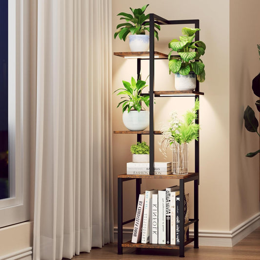 Plant Stand Indoor with Grow Light, 5-Tiered Tall Plant Stand Indoor, Metal Plant Shelf with Bookshelf Bookcase and Adjustable Light, Ideal for Living Room, Reading room, Garden, Patio (Brown)
