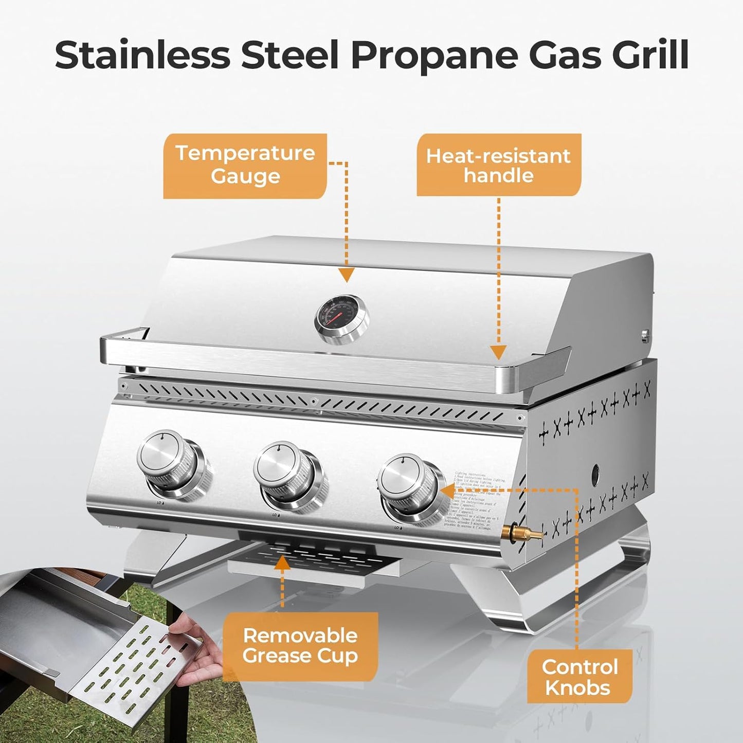 R.W.FLAME Premium 3 Burner Tabletop Propane Gas Grill Stainless Steel Portable Outdoor BBQ Grill with Griddle,24,000 BTU Multi-Zone Cooking,Built-in Thermometer,Backyard,Camping & Patio Gatherings
