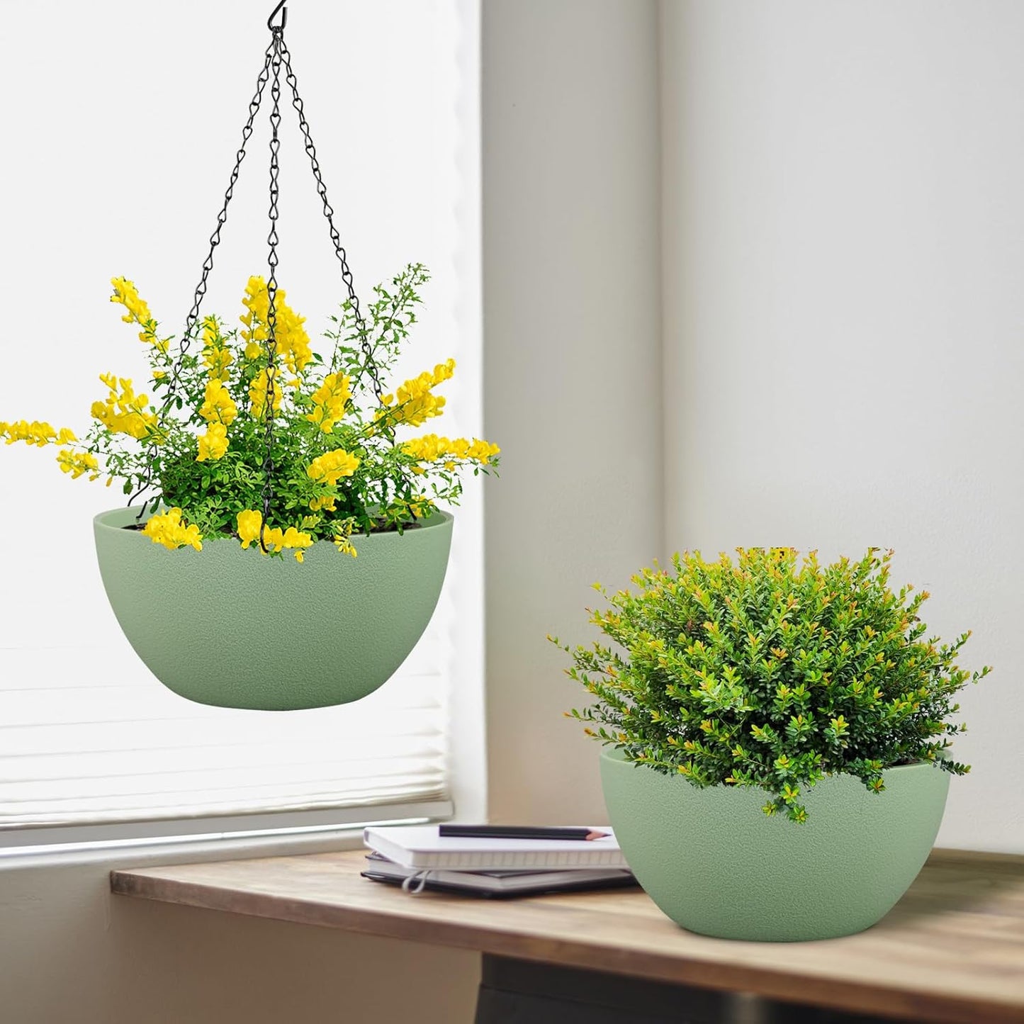 10 inch Hanging Planters Plant Pots for Indoor Outdoor Plants, 2 Pack Hanging Flower Pots with Drainage Holes and Chain for Garden Porch, Plastic Hanging Baskets for House Plants, Green