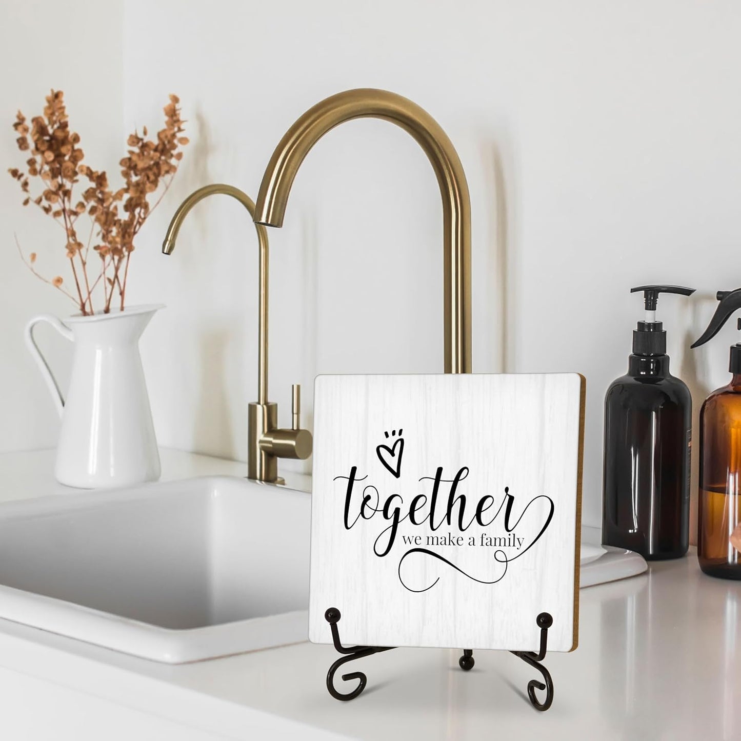 Eronm Desk Sign, Home Office Decor, Together We Make a Family, 5 inches Square Wood, Iron Sign, Perfect for Home, Office, Gifting