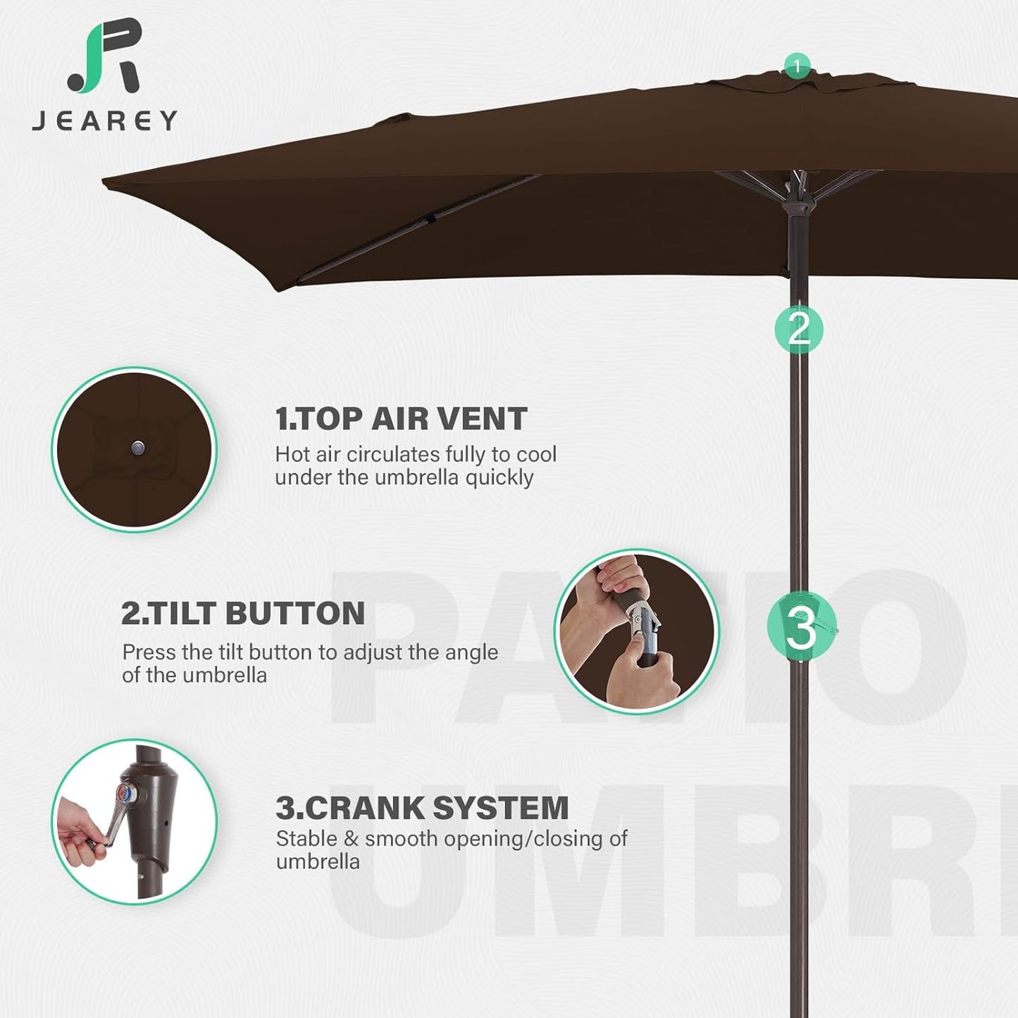 JEAREY 6.5x10 ft Rectangular Patio Umbrellas Outdoor Market Umbrella with Push Button Tilt and Crank, Rectangle Table Umbrella 6 Sturdy Ribs UV Protection for Pool Garden Backyard Deck, Brown