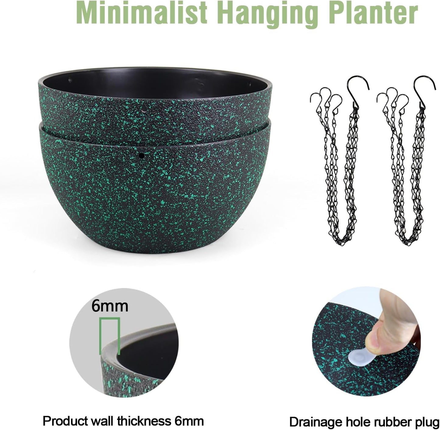 10 inch Hanging Planters for Indoor Outdoor Plants, 2 Pack Hanging Flower Pots with Drainage Holes and Chain for Garden, Plastic Hanging Baskets for House Plants, Black with Green Speckles