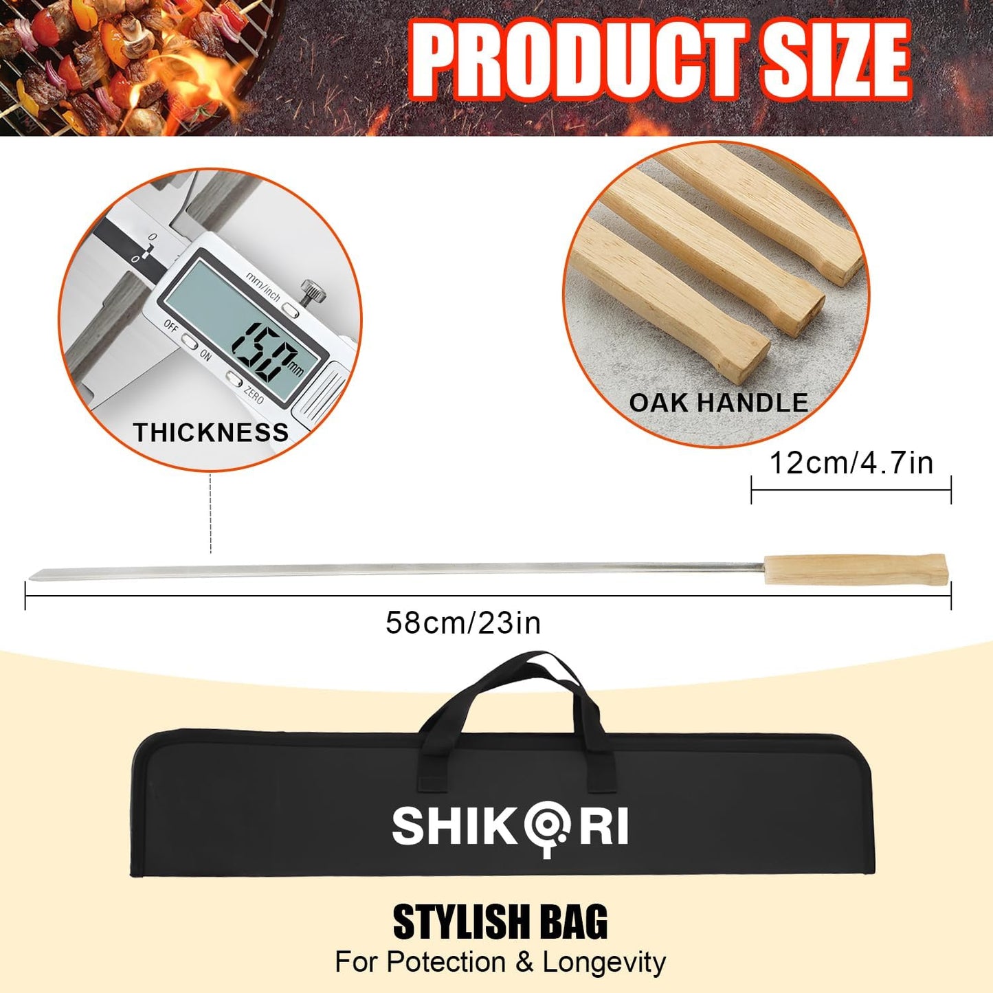 SHIKORI Kabob Skewers,BBQ Barbecue Skewers,Stainless Steel Sticks,23 Inch Heavy Duty Large Wide Reusable,with Nonslip Wooden-6 Pcs