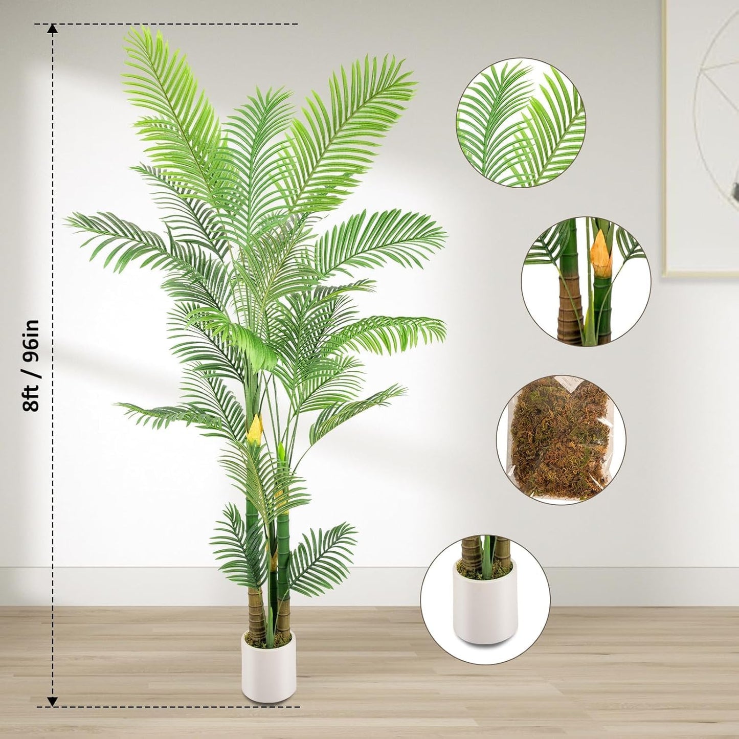 Artificial Fake Palm Tree 8FT 2Pack with White Planter & Free Moss, UV Resistant Artificial Palm Tree for Outdoors, Fake Plants for Poolside Home Room Decor, Faux Plants Outdoor Decor
