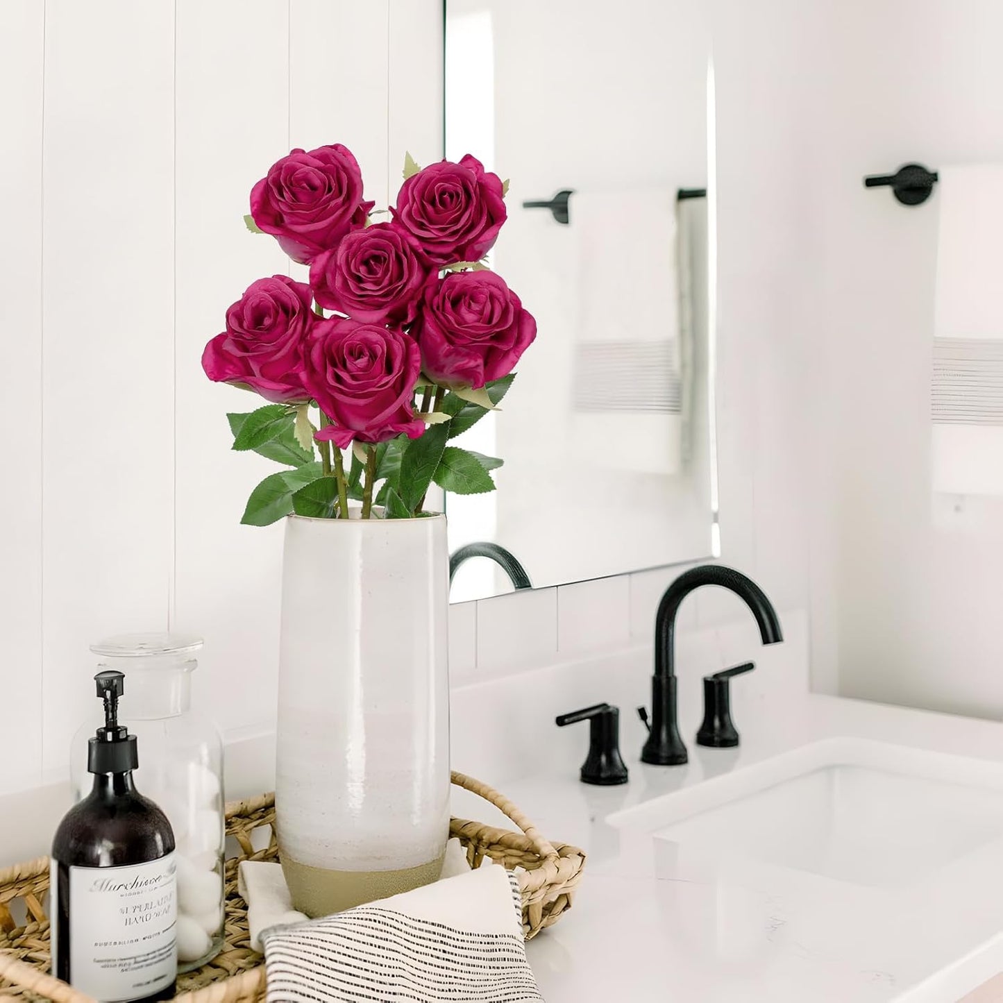 Briful Hot Pink Artificial Roses – 6PCS 18.9" Silk Rose Faux Flowers with Long Stems Realistic Fake Rose Bouquet for DIY Wedding Arrangements Table Vase Centerpieces Home Event Decor