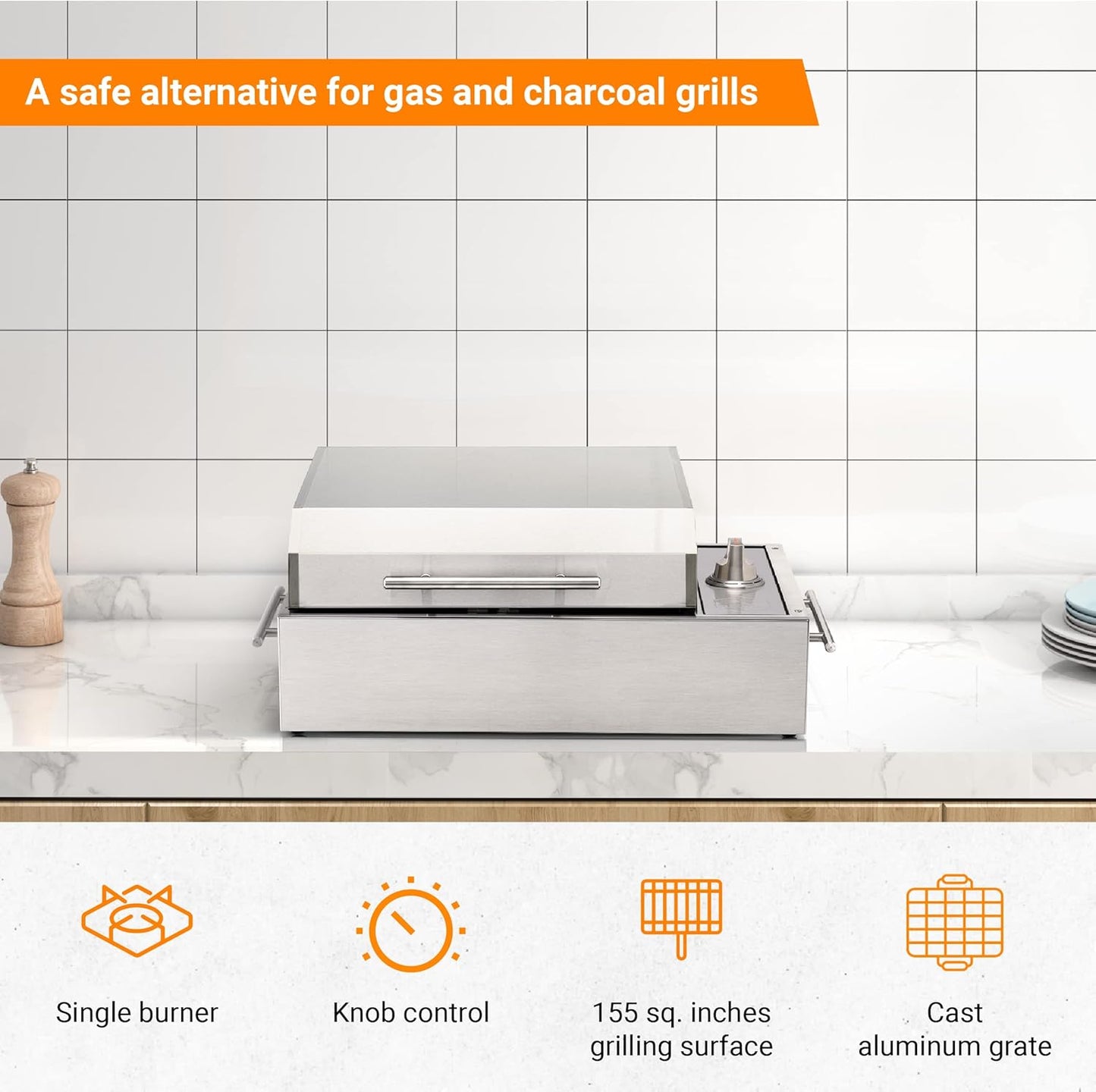 Kenyon B70200 City Grill, Portable Grill, Stainless Steel, Single Burner, Knob Control, Faceted Lid, UL Approved For Use Indoors And Outdoors, Flame-Free, 120V