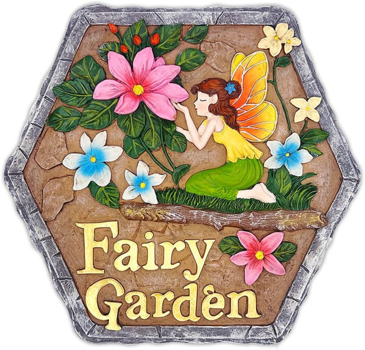 Elegant Resin Stepping Stone, Outdoor Garden Pathway Decoration (Fairy Kisses and Flowers Garden Stepping Stone, 9.5" Outdoor Decoration Statue)