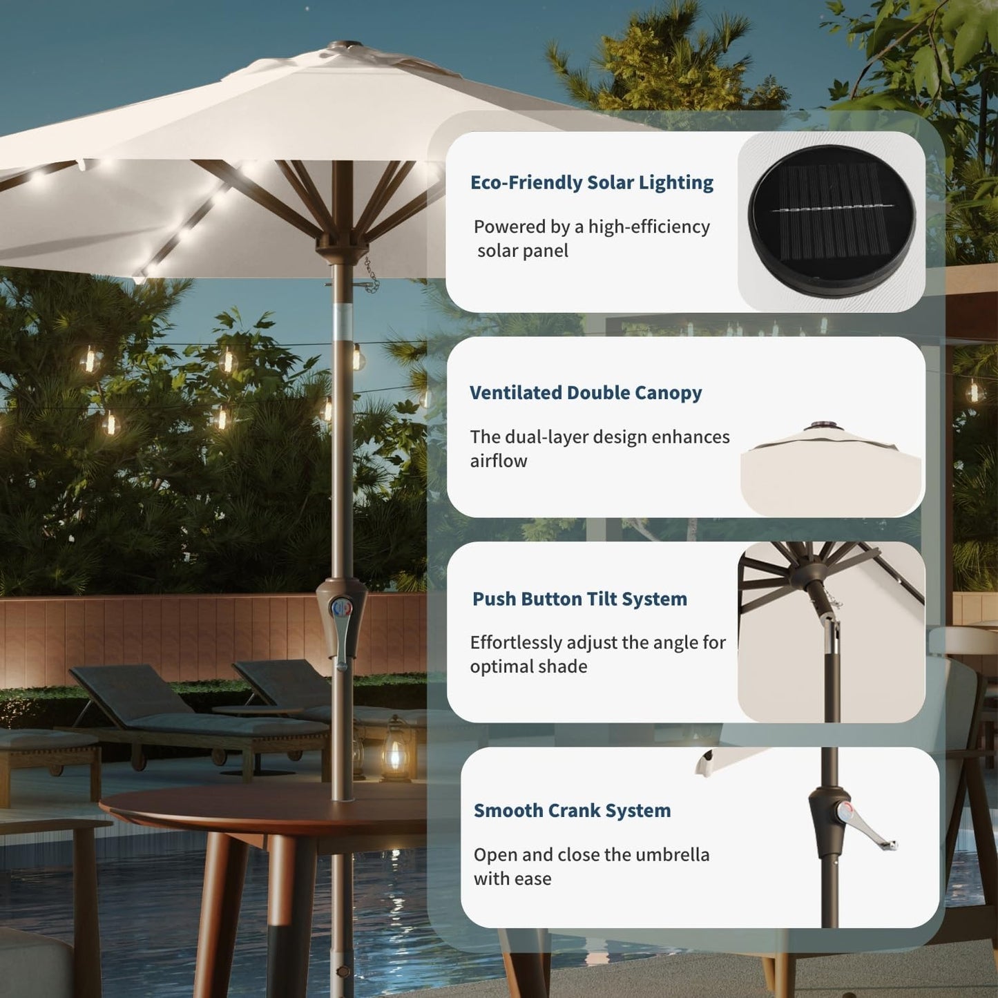 10FT Solar Umbrella 32 LED Lighted Patio Umbrella Table Market Umbrella w/Tilt and Crank, UV-Resistant Outdoor Umbrella for Pool, Garden, Deck, Creamy White