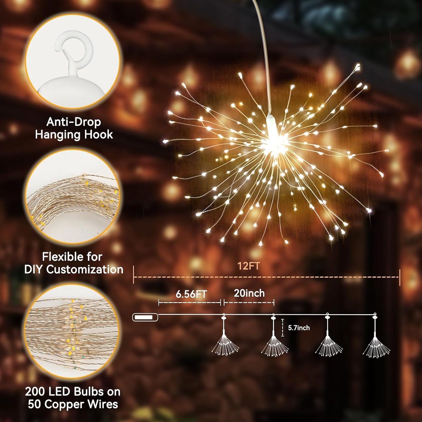 SeaShine 1600LED Fireworks Lights Outdoor, Rechargeable Hanging Fairy Starburst Lights, Waterproof Smart Firework Light with Remotes, 8 Modes, Timer for Garden Weddings Outdoor Christmas Decor 8 Pack