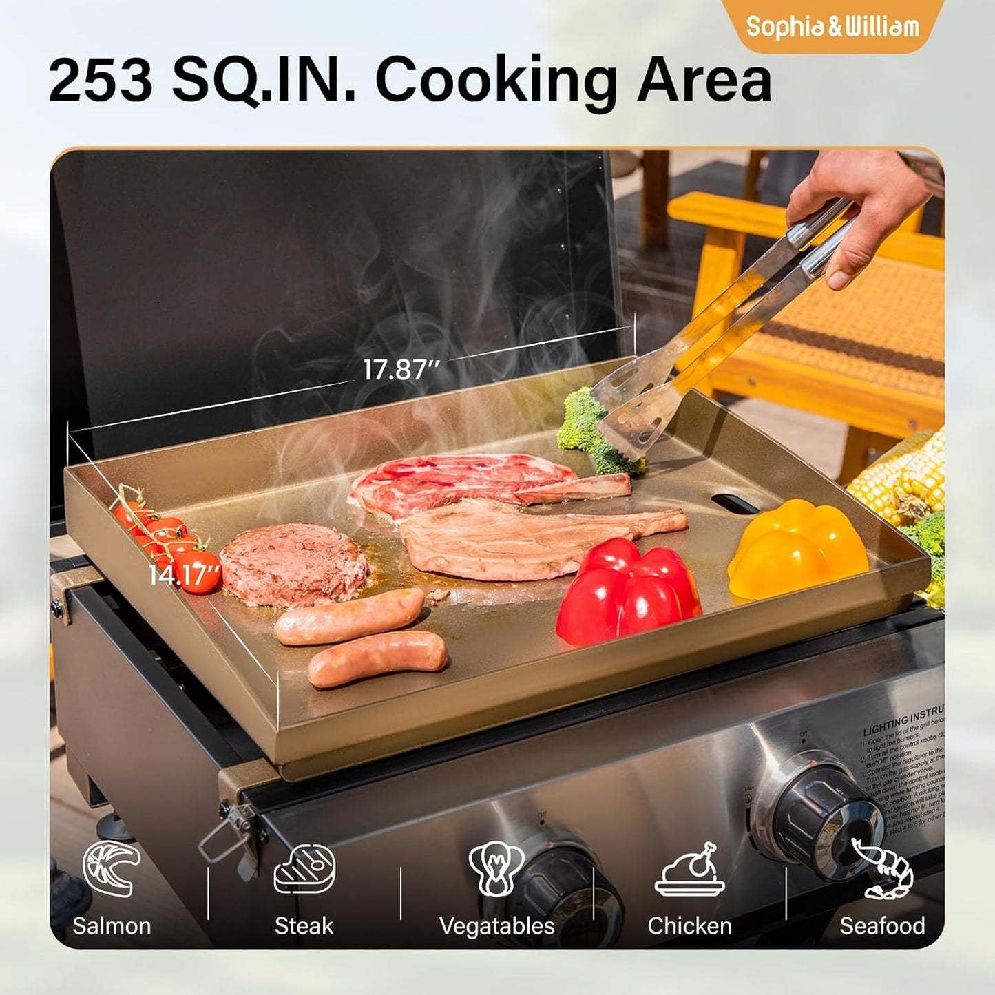 Sophia & William Portable Gas Grill Griddle, Small Propane BBQ grill with Foldable Legs & Wheels for Outdoor Barbecue, Camping, Tailgating, Roadtrip, RV, 2 Burner Flat Top Griddle, 20,000 BTU, Black