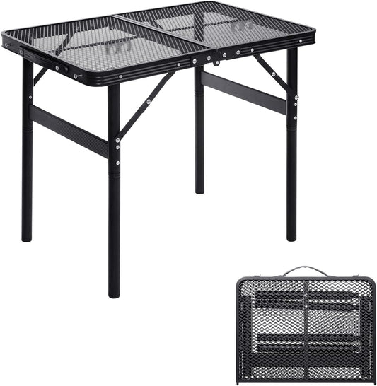 Small Folding Table 2FT Grill Table Foldable Camping Table Picnic Portable Mesh 2 Height Adjustable Outdoor Beach BBQ Black 23.6×15.7× 9.4/20.4inch