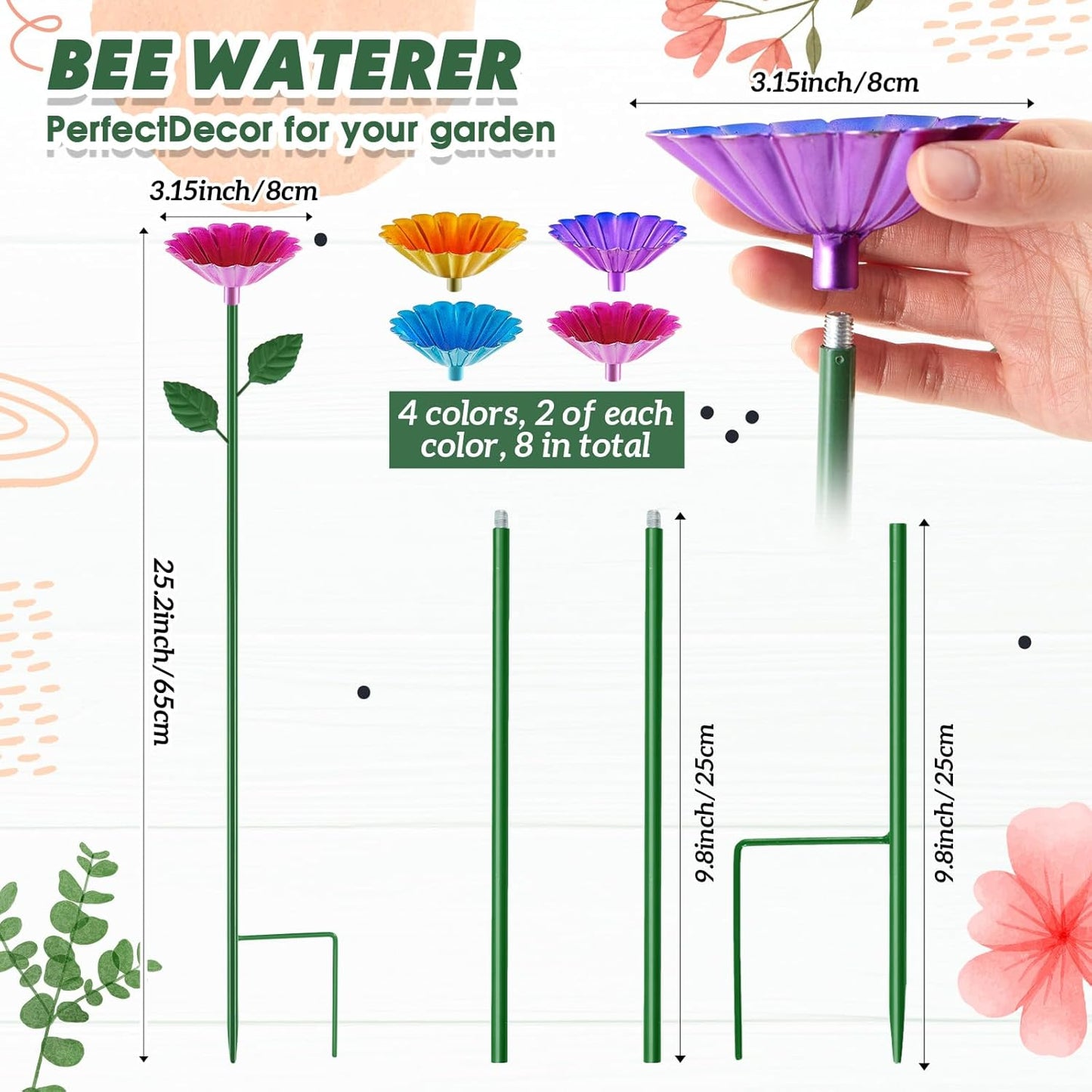 Tandefio 8 Pcs Bee Watering Station 25 x 2.6 Inch Metal Vivid Flower Bee Water Feeder for Garden Butterfly Feeders for Outdoors Colorful Butterfly Bath Bowl for Bird Thirsty Pollinators Outside Yard