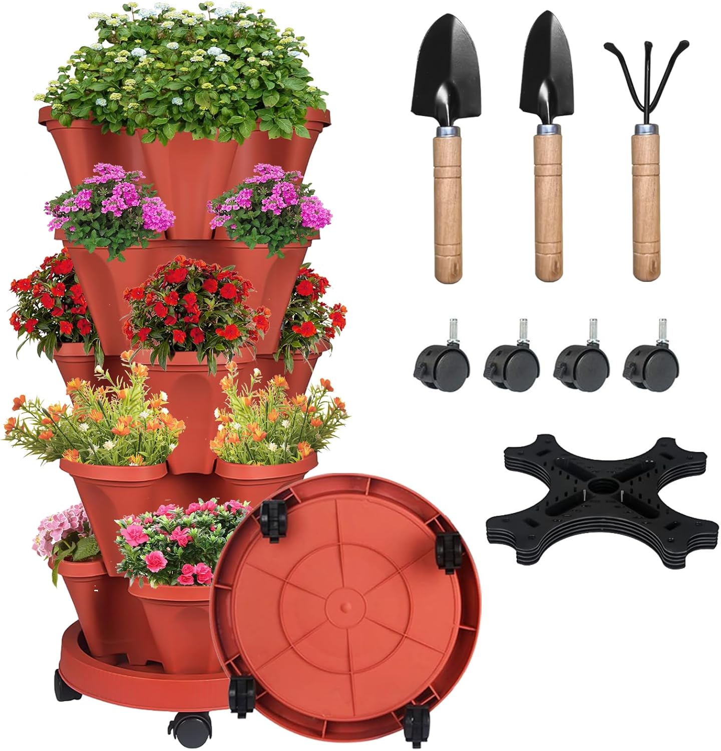 Vertical Strawberry Planter-5 Tier Stackable Herb Tower Planters Stacking Garden Planters Pot Outdoor with Tools Removable Wheels for Growing Flowers, Vegetables and Succulents