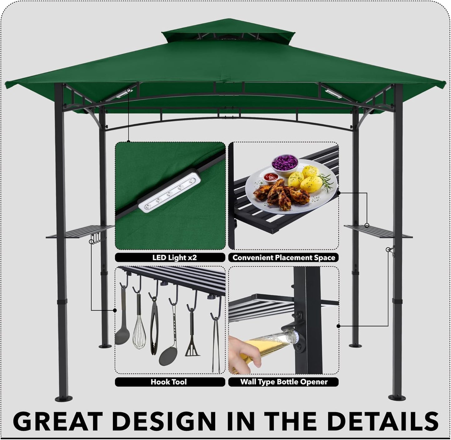 MASTERCANOPY 8 x 5 Grill Gazebo Outdoor BBQ Gazebo Canopy with 2 LED Lights (Forest Green)