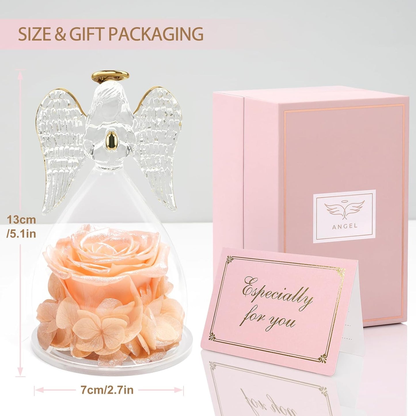 Yamonic Mom Birthday Gifts for Mom,Angel Figurines with Real Rose Gifts for Her Women Grandma, Preserved Flowers Rose Angel Figurines for Mothers Day Christmas Anniversary Wife Gifts(Pearl Champagne)