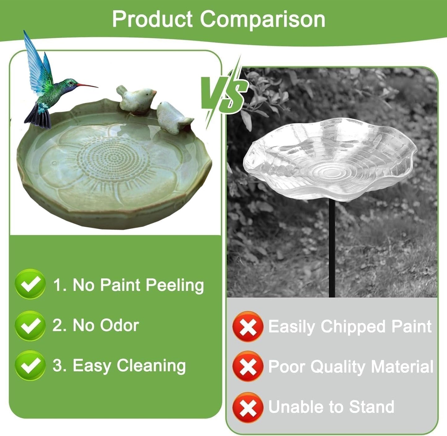Bird Bath for Outside on Ground, 10 in Ceramic Birds Bath Bowl, Handmade Ground Bird Feeders and birdbath for Outdoors for Outdoors, Garden, Tabletop, Balcony and Lawn (Big - shallow)