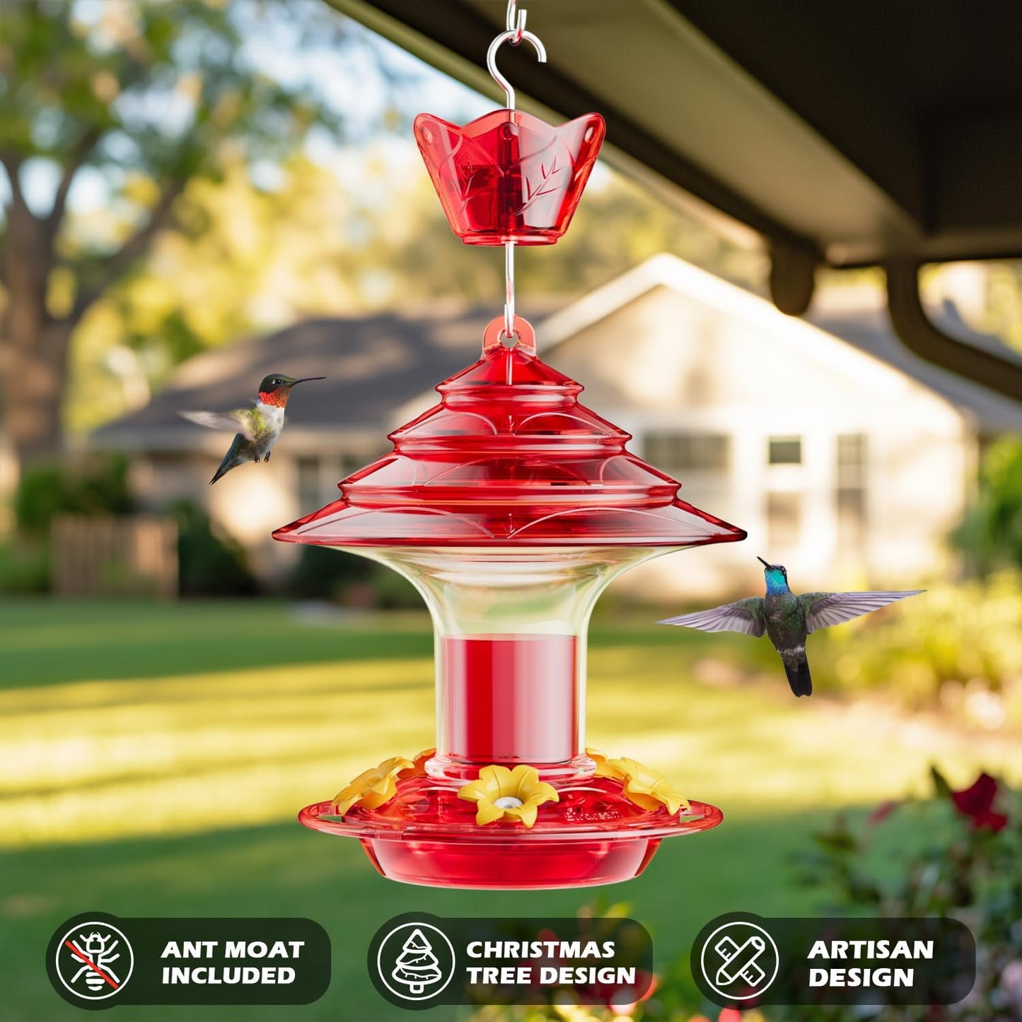 Birdream Hummingbird Feeder for Outdoors Hanging, 20oz Hummingbird Feeders with 5 Bee Guard Feeding Ports & Built-in Ant Moat Brush Leak-Proof for Outside Gifts for Women - Red