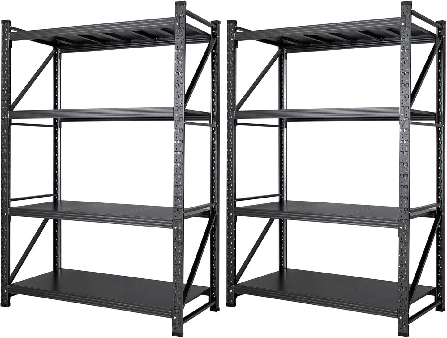 Set of 2 Storage Shelves, 4 Tier Heavy Duty Garage Shelving Units, 48” Wide Rack Shelf, 3000LBS Steel Industrial Shelving, 24” Deep Adjustable Standing Shelf for Warehouse 24" D x 48" W x 70" H Black